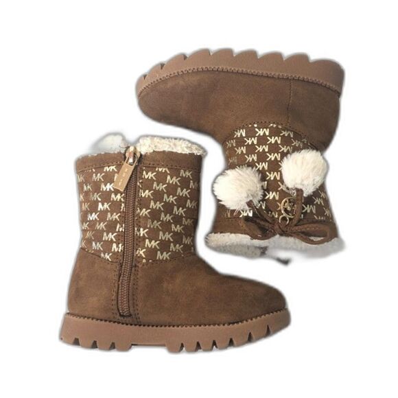 MICHAEL KORS Boots Toddler Size 7 Brown Gold MK Logo Pom Poms Payson - Picture 1 of 11